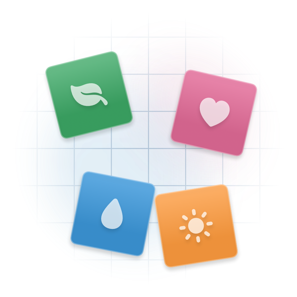 Linkoku’s green leaf, blue drop, pink heart and orange sun tiles on a shared grid